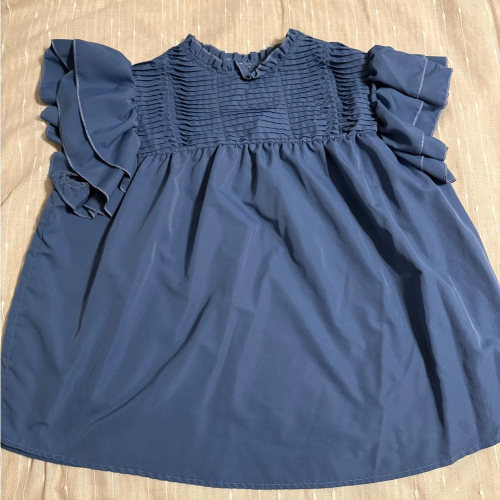 SHEIN Blue Smocked Flutter Sleeve Blouse